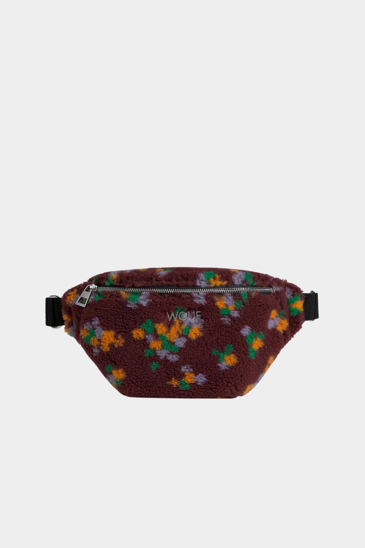 Riñonera Ella de Wouf en tejido teddy burdeos con estampado floral multicolor y correa negra ajustable