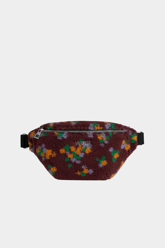 Riñonera Ella de Wouf en tejido teddy burdeos con estampado floral multicolor y correa negra ajustable