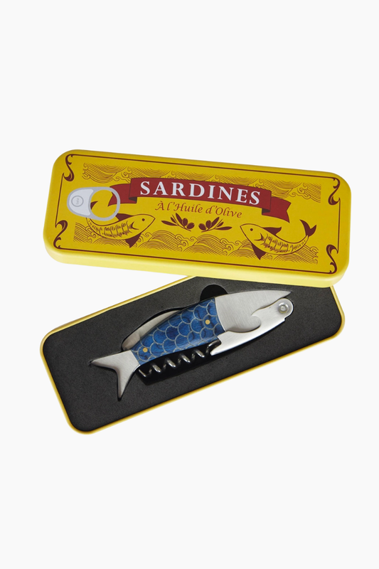 sacacorchos sardinas balvi caja lata amarilla diseño pez azul