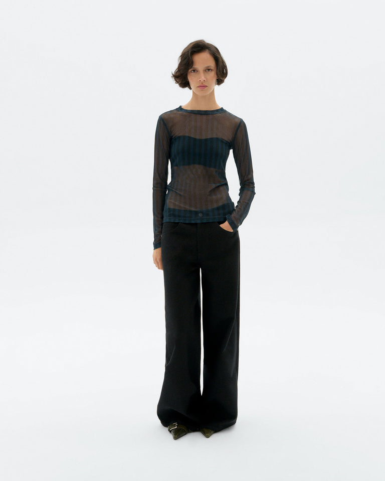 Top azul de tul reciclado Thinking Mu Esqué Tere para mujer con estampado artístico de Júlia Esqué.