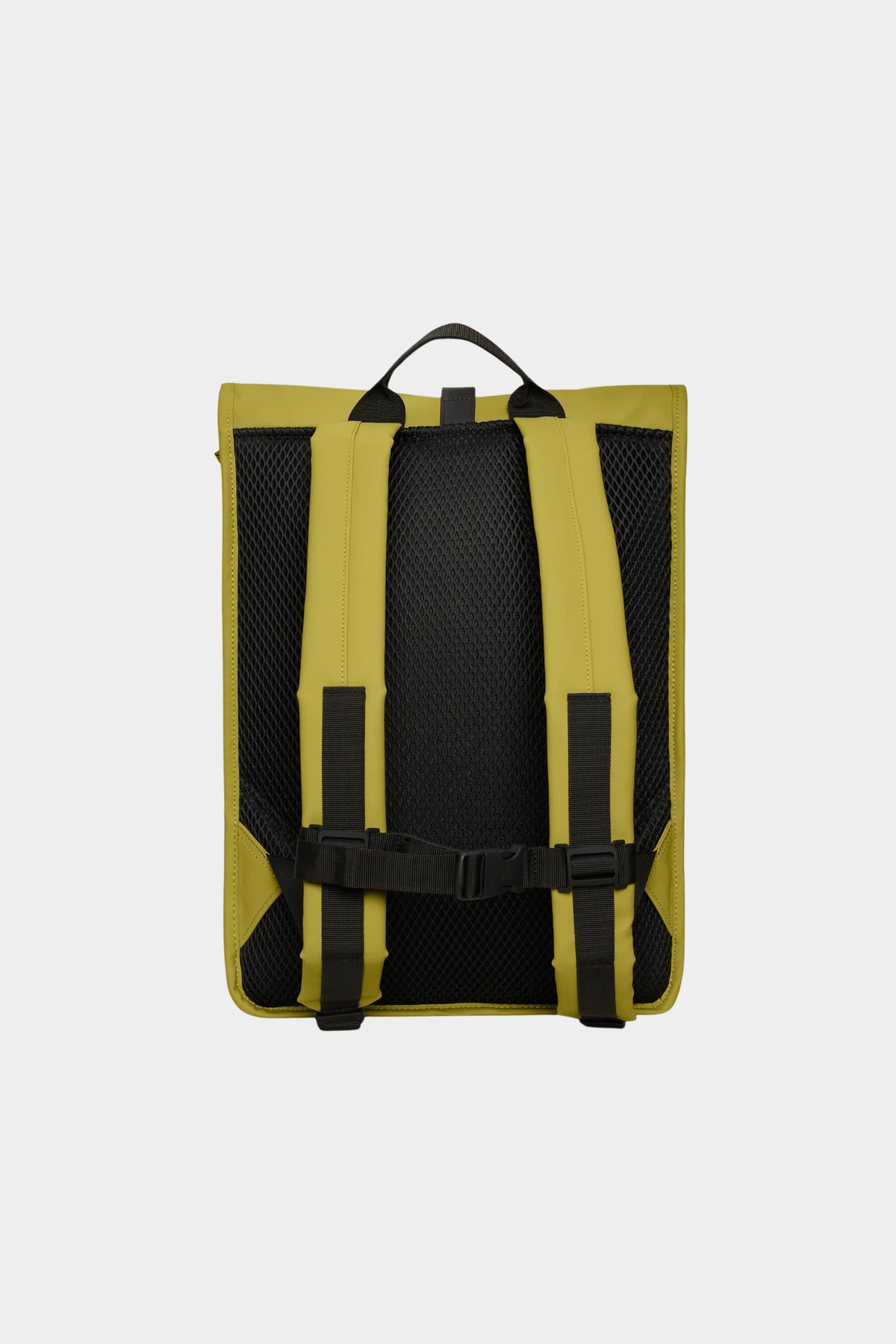 Parte trasera de la mochila Rains Rolltop Rucksack Glow con panel acolchado de malla y correa de pecho