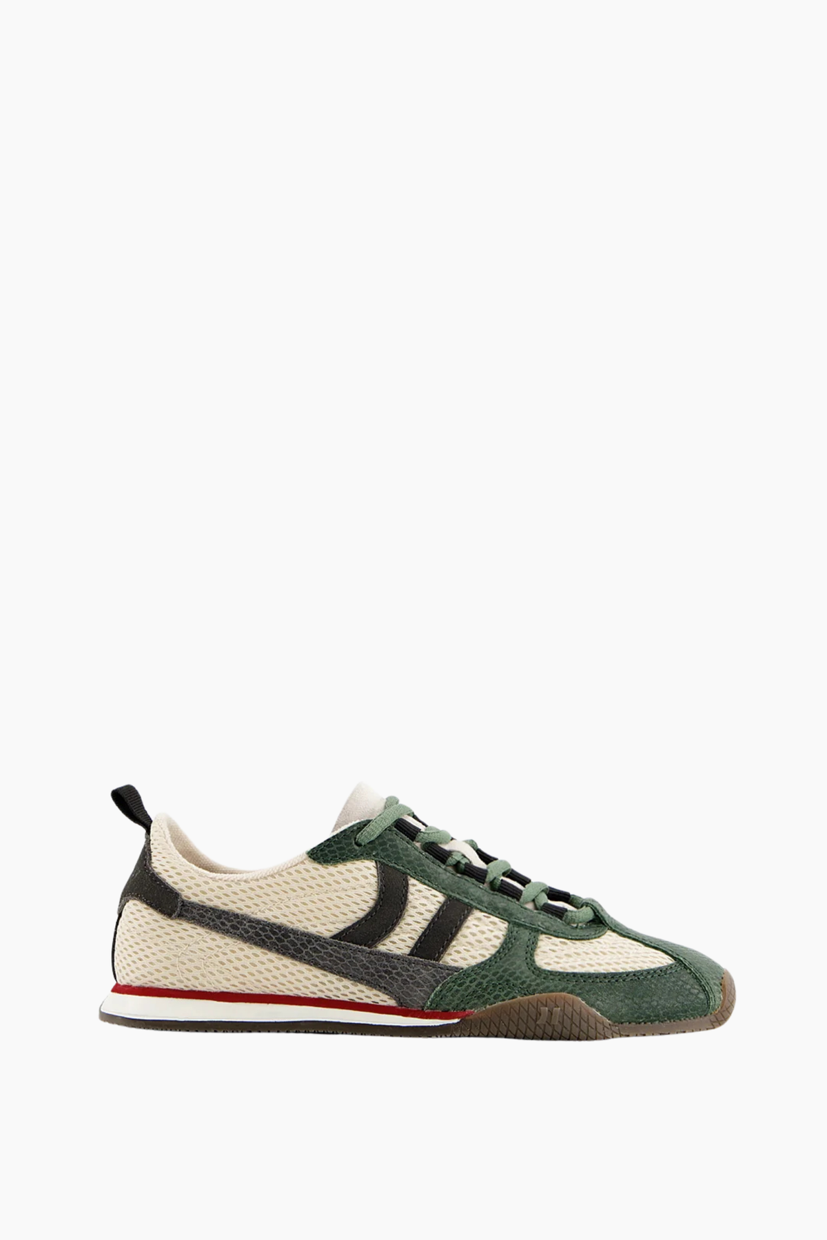 Zapatillas Coolway Nilo Jungle Green de mujer en verde y crudo con malla, serraje y diseño inspirado en running retro